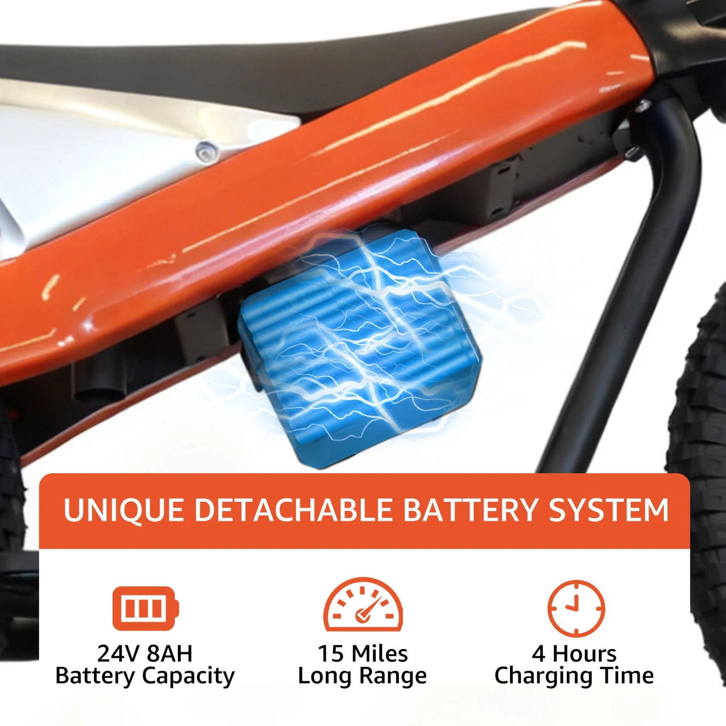 24V Electric Dirt Bike for Kids 8+, 300W Motor, Removable Battery, 15.5 mph Max Speed, 15 Miles Range, 3 Speed Mode, Orange