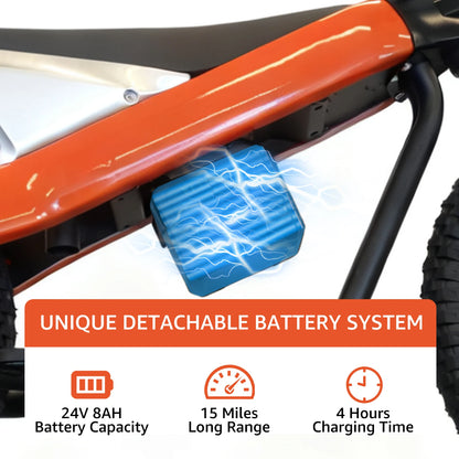 24V Electric Dirt Bike for Kids 8+, 300W Motor, Removable Battery, 15.5 mph Max Speed, 15 Miles Range, 3 Speed Mode, Orange
