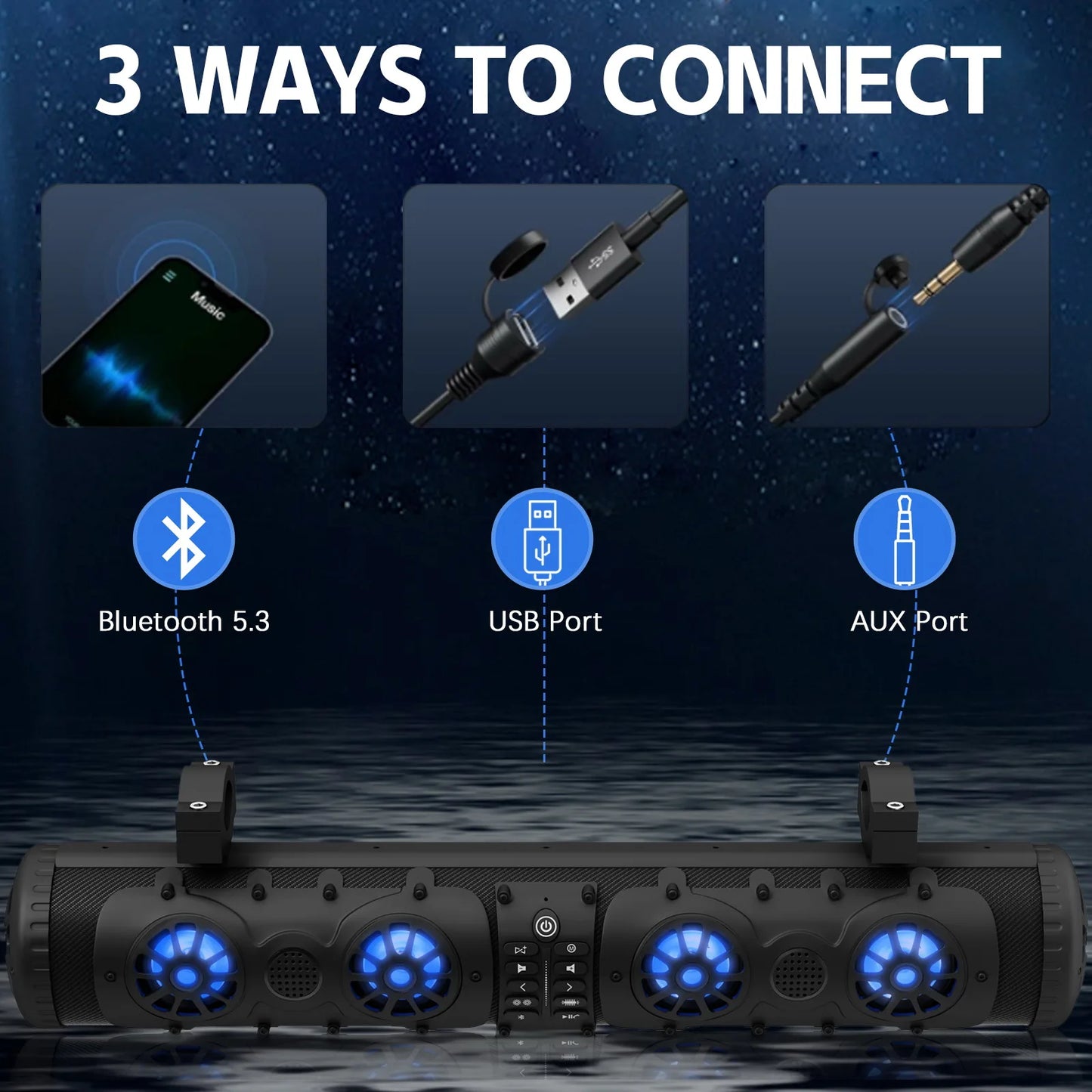 Sound Bar with 500W Peak Power IP66 Waterproof Bluetooth 5.3 RGB Beat Sync Light Easy Installation Full Range Speakers for Outdo