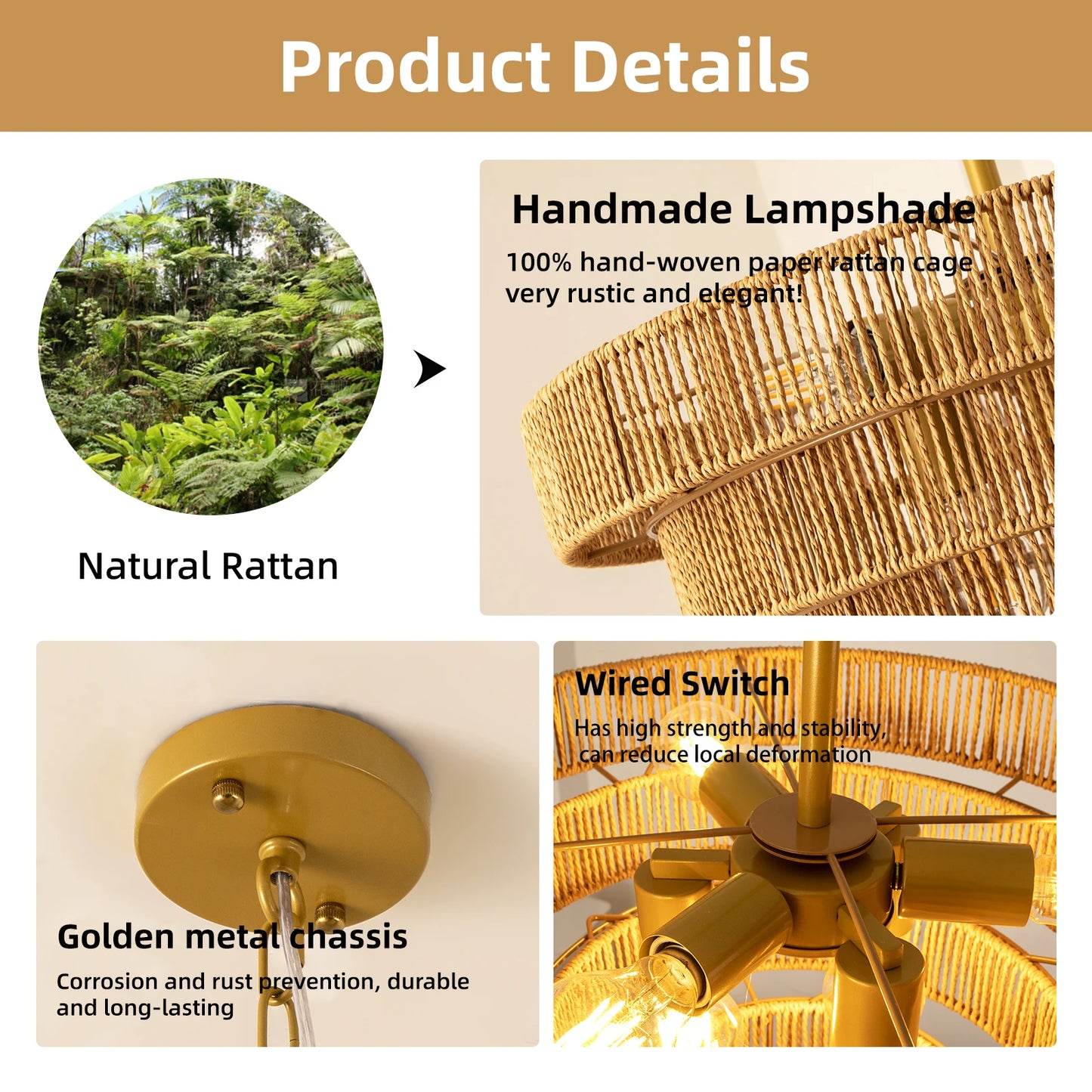 19.7" Boho Hand-Woven Rattan Chandelier Vintage Farmhouse 4 Round Hemp Rope Pendant Light for Dining Room Kitchen Island