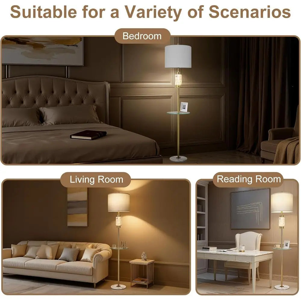 Living Room Lamp with Glass Tray and Night Light, Alabaster Bedroom Lamp, Tall Lamp with Linen Shade, Marble Base Standing Lamp