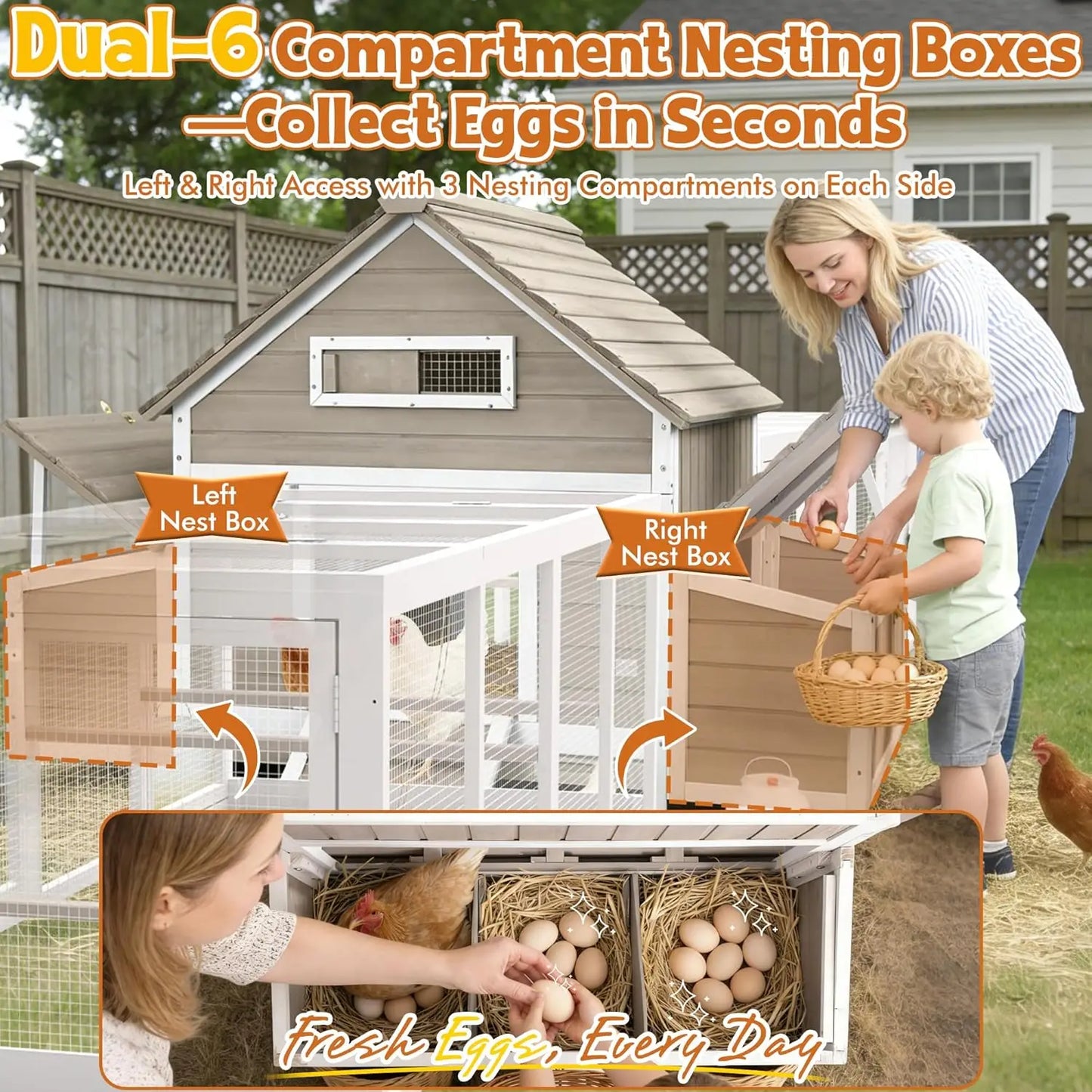 Extra Large Chicken Coop with 2 Runs for 8–10 Chickens Outdoor Wooden Hen House Poultry Cage with 6 Nesting Boxes, Dual Ramp Doo