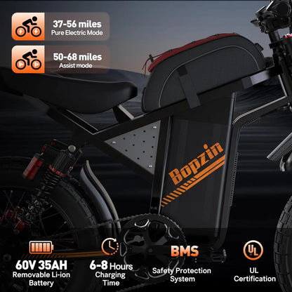 Bopzin Electric Mountain Dirt Bike M2000 60V 35Ah 3000W 20"x4 Off Road Fat Tire E-Bike Electric Bicycles Motorcycle for Adults