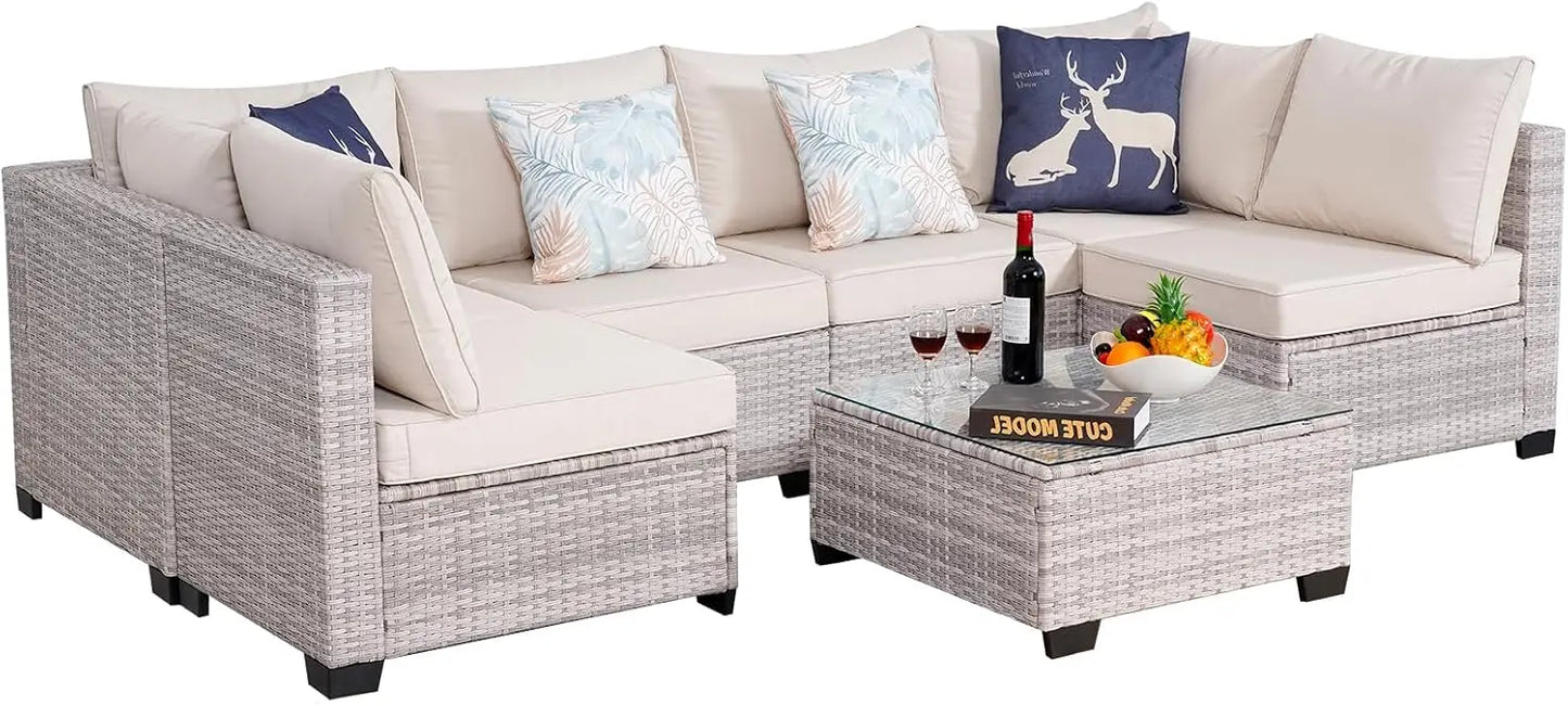 Outdoor Patio Furniture Sets,7-Piece Rattan Conversation Sectional Set,Manual Weaving Wicker Patio Sofa with Tea Table