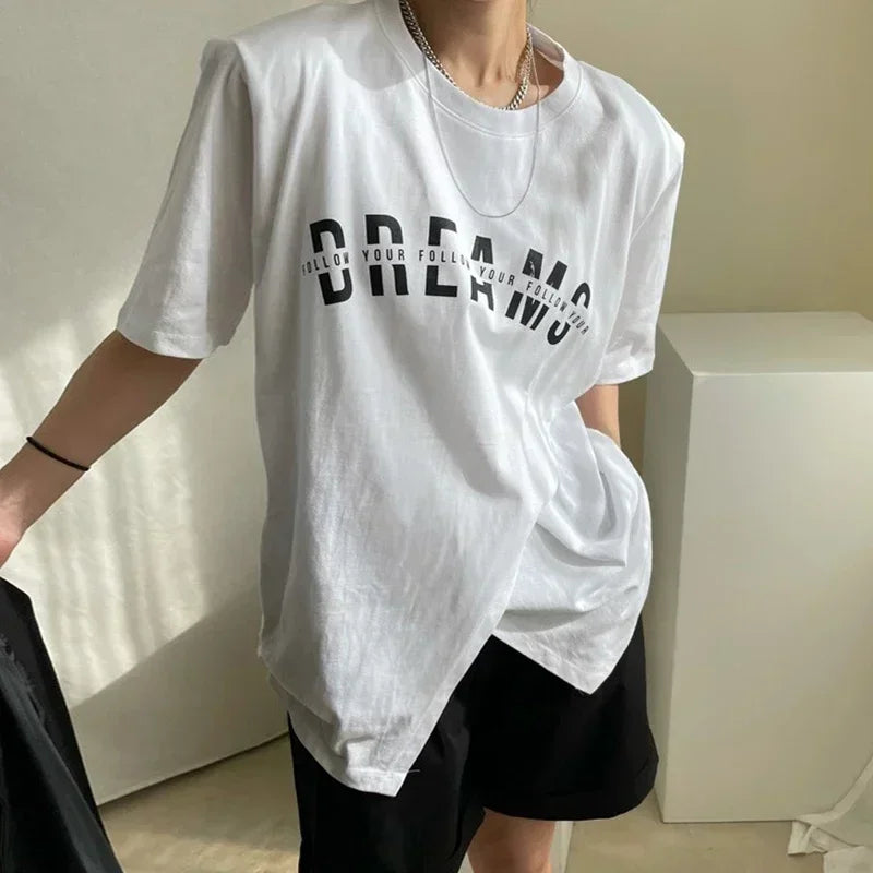 Korean Chic Versatile Niche Round Neck Loose Pullover Letter Print Asymmetrical Slit Design Short-Sleeved T-Shirt for Women