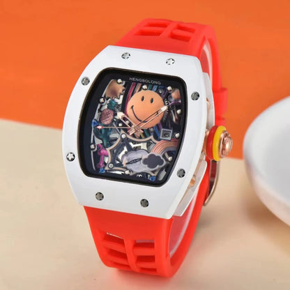 Top-grade RM High-quality Smiling Mechanical Watch Alarm Analog Rubber 10 Bar Water Resistant Hipster Gentleman Diving Sports
