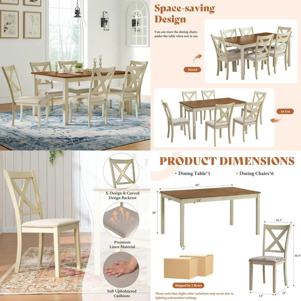 7-Piece Solid Wood Farmhouse Dining Table Set with 6 Upholstered Chairs, 60 Space-Saving Dinner Table and Chairs Set