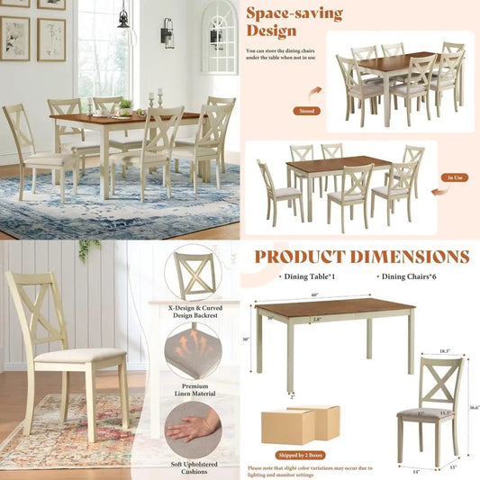 7-Piece Solid Wood Farmhouse Dining Table Set with 6 Upholstered Chairs, 60 Space-Saving Dinner Table and Chairs Set