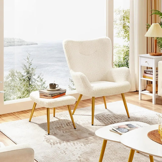 Boucle Accent Chair and Ottoman Set, Sherpa Armchair with Metal Legs, High Back Reading Chair and Footstool