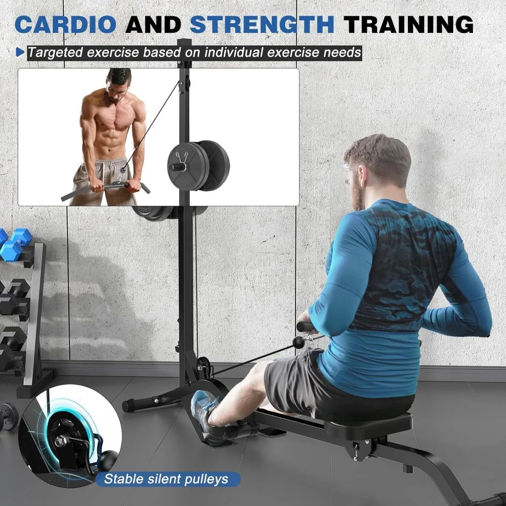 Dual-Function Folding Rowing Machine with Adjustable Lat Pulldown and Low Row Cable Exercise Equipment