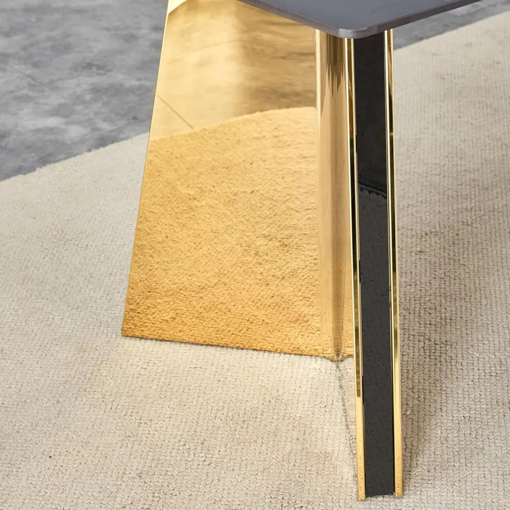 7 Pieces Dining Table Set,63" Marble Kitchen Room Table with 6 Black Chairs,Rectangle Sintered Stone Top with Gold Legs