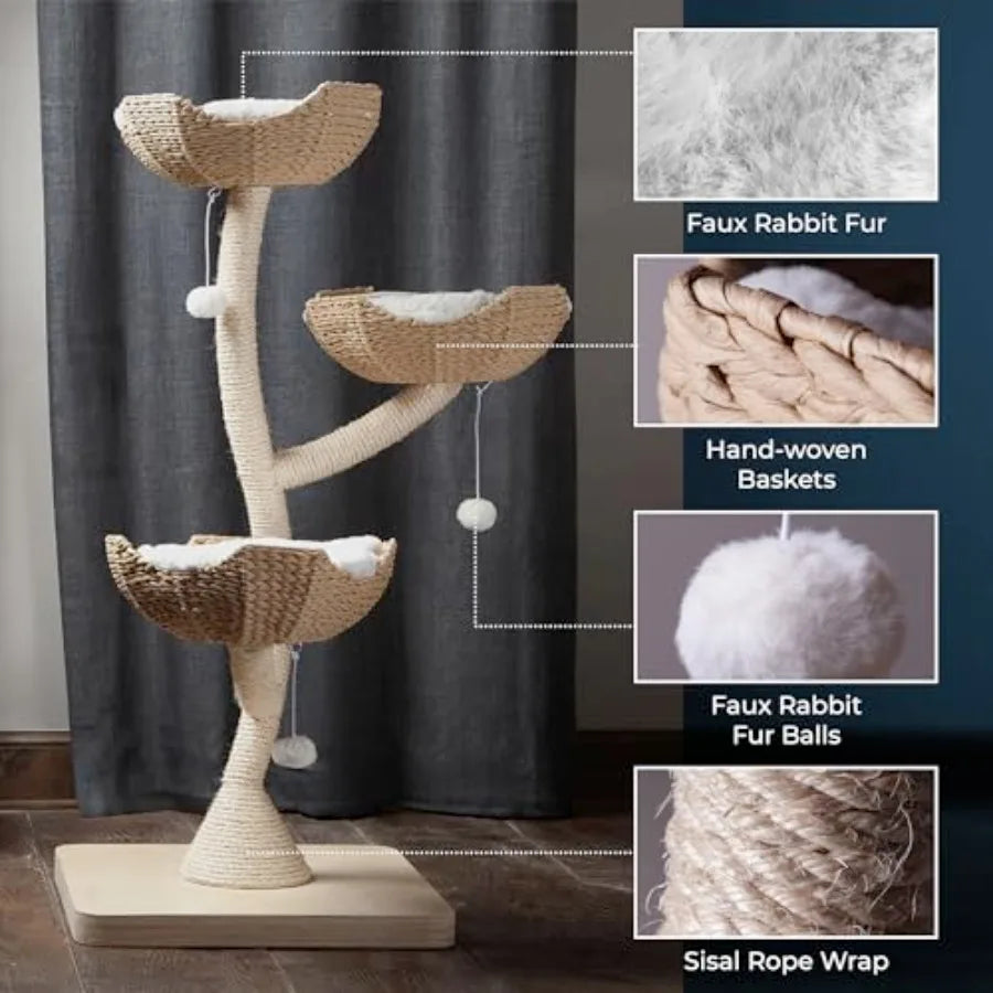 Large Modern Indoor Cat Tree with 3 Faux Fur Beds Scratching Posts and Toys for Cats 23-Inch Width x 23-Inch Depth x 52-Inch He