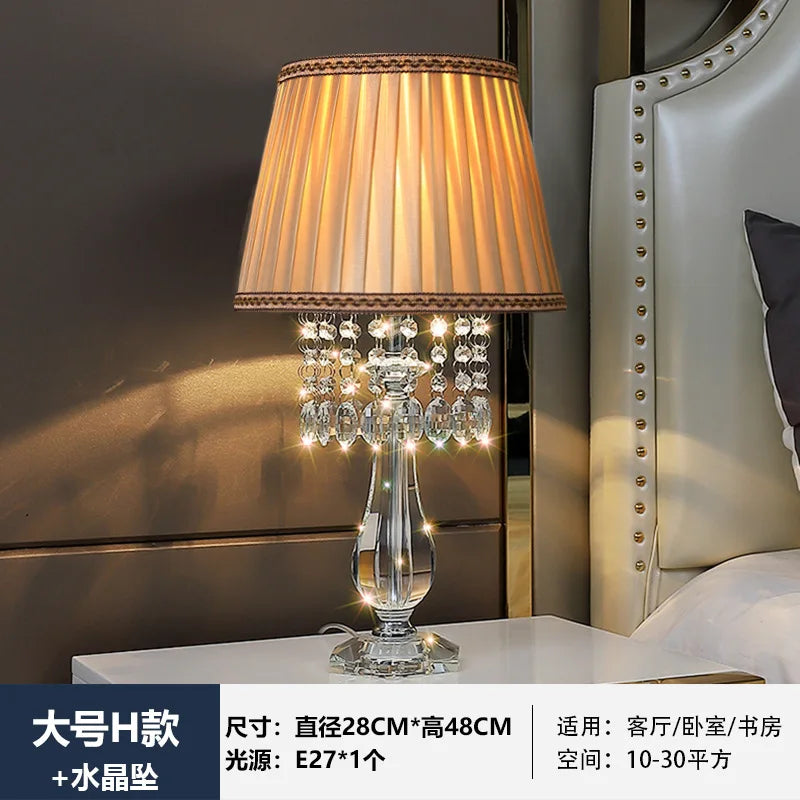 Modern Bedside Crystal Table Lamp with Ruched Fabric Lampshade Elegant Plug-in Crystal Chandelier Nightstand Room Decor