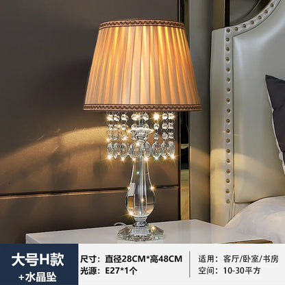 Modern Bedside Crystal Table Lamp with Ruched Fabric Lampshade Elegant Plug-in Crystal Chandelier Nightstand Room Decor