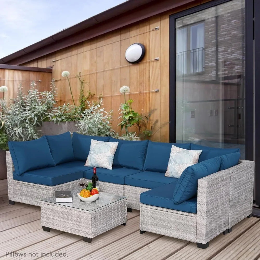 Outdoor Patio Furniture Sets,7-Piece Rattan Conversation Sectional Set,Manual Weaving Wicker Patio Sofa with Tea Table