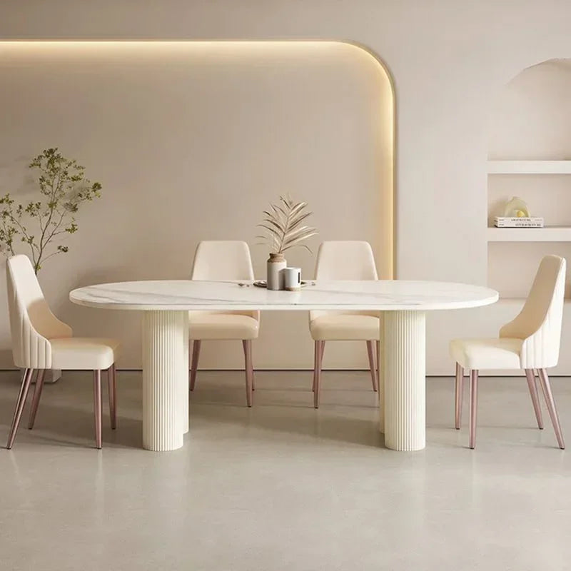 Nordic Minimalist Cream White Oval Sintered Stone Dining Table Set 6 Chairs Marble Restaurant Table Chair Dining Room Furniture