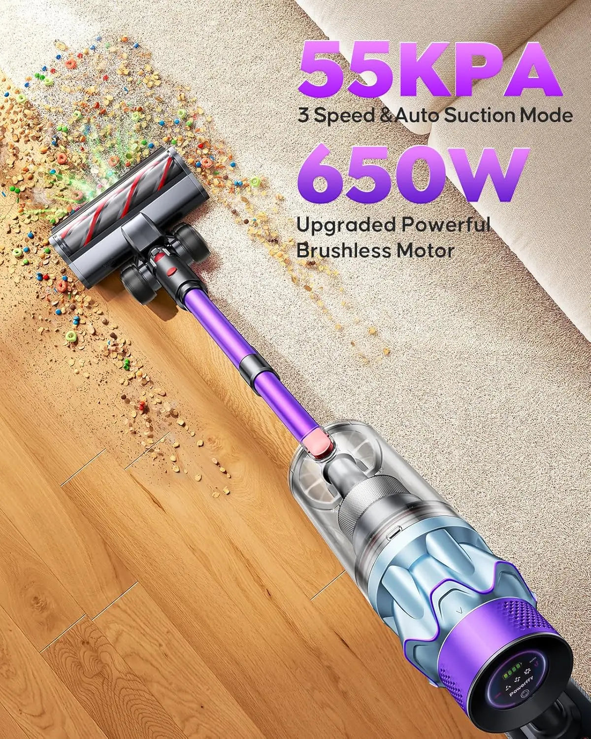 Cordless Vacuum Cleaner 70min/650W/55KPA with Auto Mode, Wall Mount & Fragrance for Hardwood Floor/Car/Pet