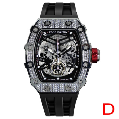 TSAR BOMBA 2022 Luxury Mens Automatic Watch Waterproof Carbon Fiber Clock Tonneau Skeleton Mechanical Wrist Watch for Men