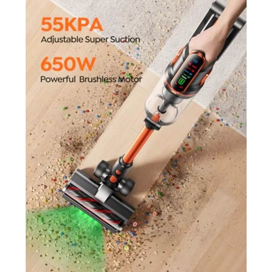 Cordless Vacuum Cleaner 650W 55Kpa 70Mins Stick Vacuum for Home with 180 Foldable Wand 3.3Ft Hose Touch Screen AUTO-Mode Wall M
