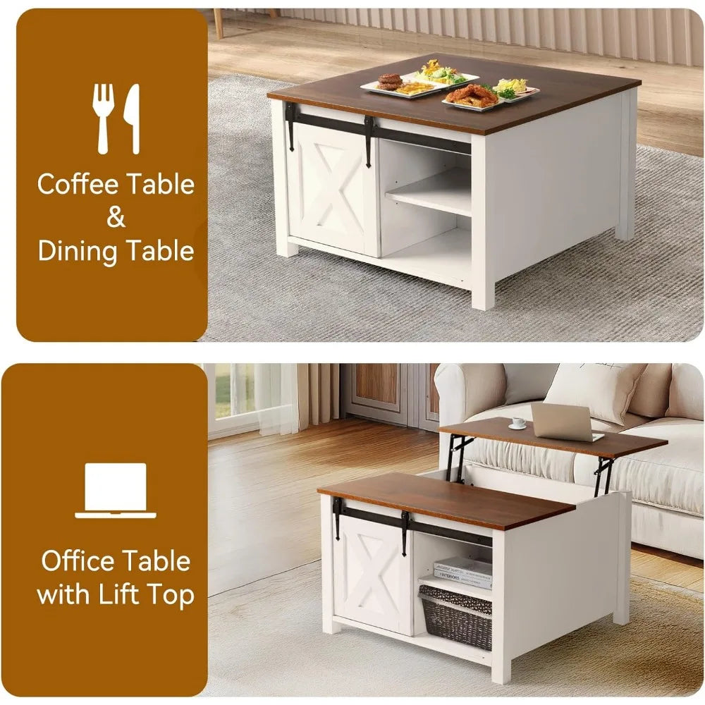 31.5" Square Coffee Table, White Lift Top Coffee Table for Living Room, Morden Farmhouse Coffee Tables with Hidden Storage for S
