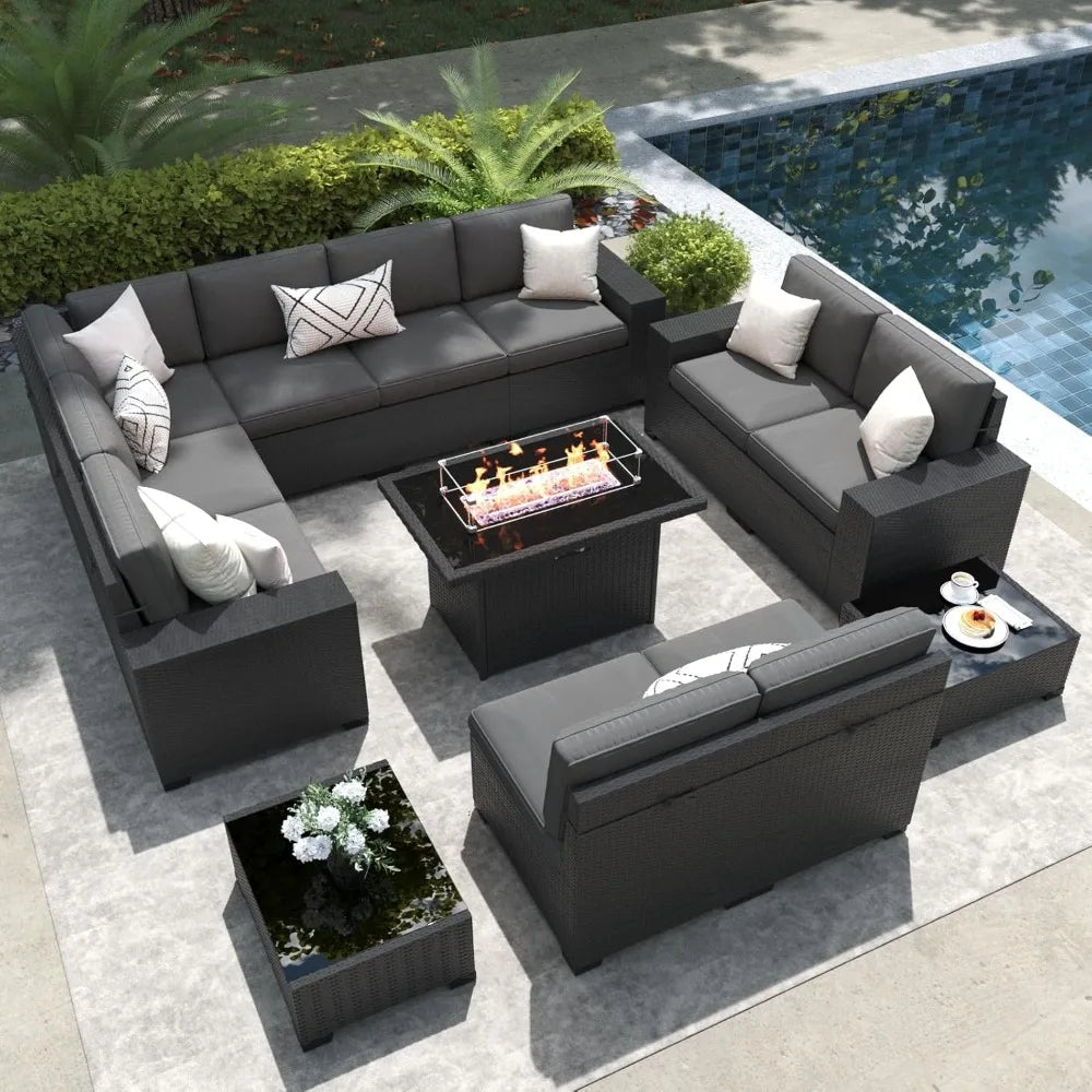 13 Pieces Outdoor Patio Furniture Set with 44" Fire Pit Table Rattan Sectional Sofa Conversation Sets