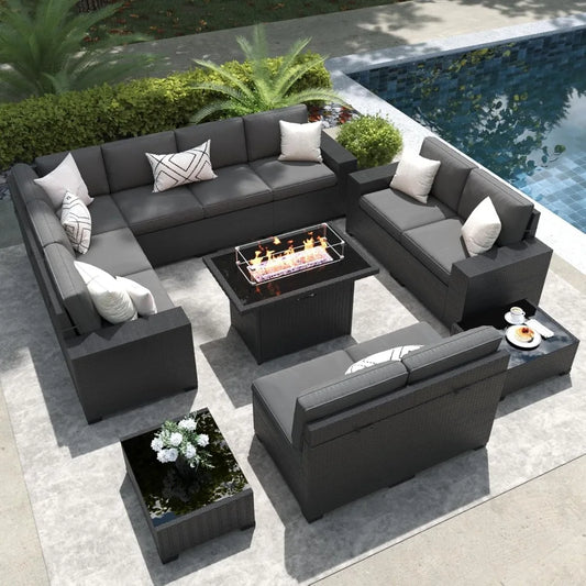 13 Pieces Outdoor Patio Furniture Set with 44" Fire Pit Table Rattan Sectional Sofa Conversation Sets