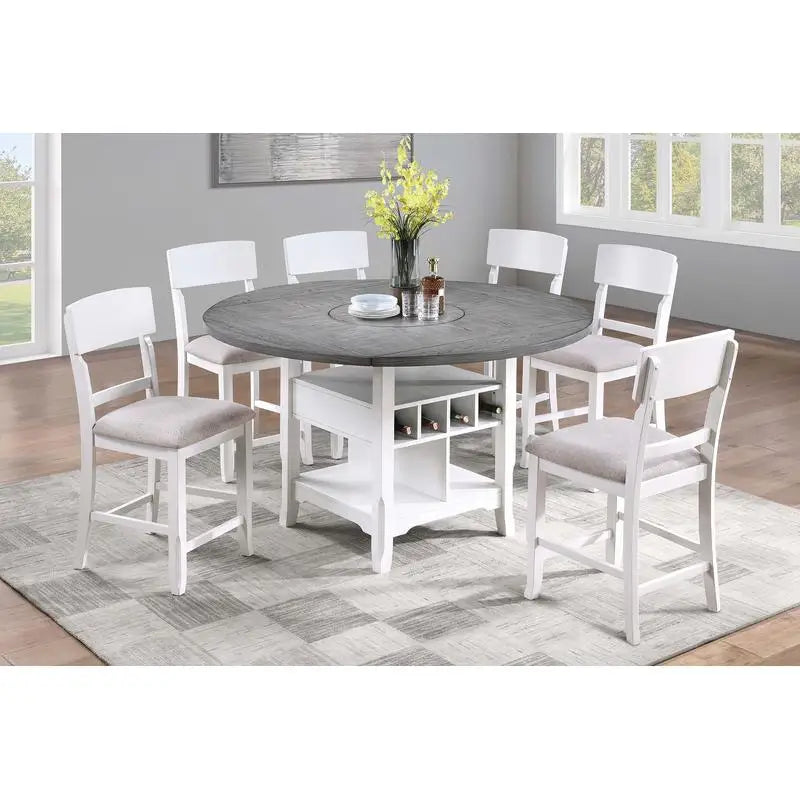 Classic 7-Piece Counter Height Dining Set with Antique White and Gray Table, Lazy Susan, Built-in Leaf, and 6 High Chairs for