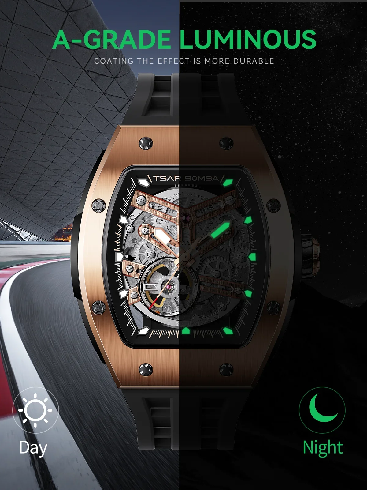 TSAR BOMBA Men Automatic Mechanical Watch Tonneau Shape Skeleton Design Stainless Steel Durable Elegant Business Style Watch