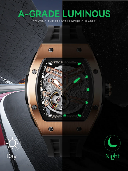 TSAR BOMBA Men Automatic Mechanical Watch Tonneau Shape Skeleton Design Stainless Steel Durable Elegant Business Style Watch