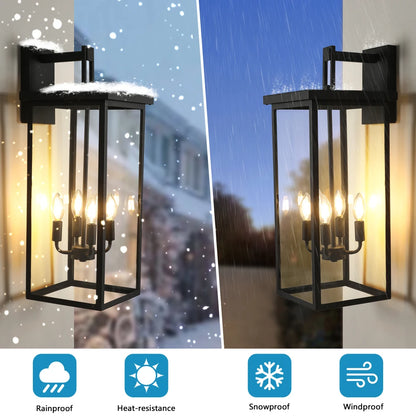 26"H Modern Outdoor Wall Lantern:Black Frame,Clear Glass,4 E12,Weatherproof Porch/Patio(No Bulbs)