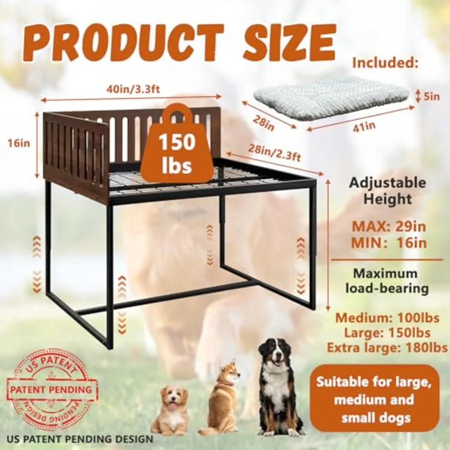 Large 40''x28'' Metal Dog Bed Frame with Cushion 2 Panel Adjustable Height Dog Bunk Beds Gray