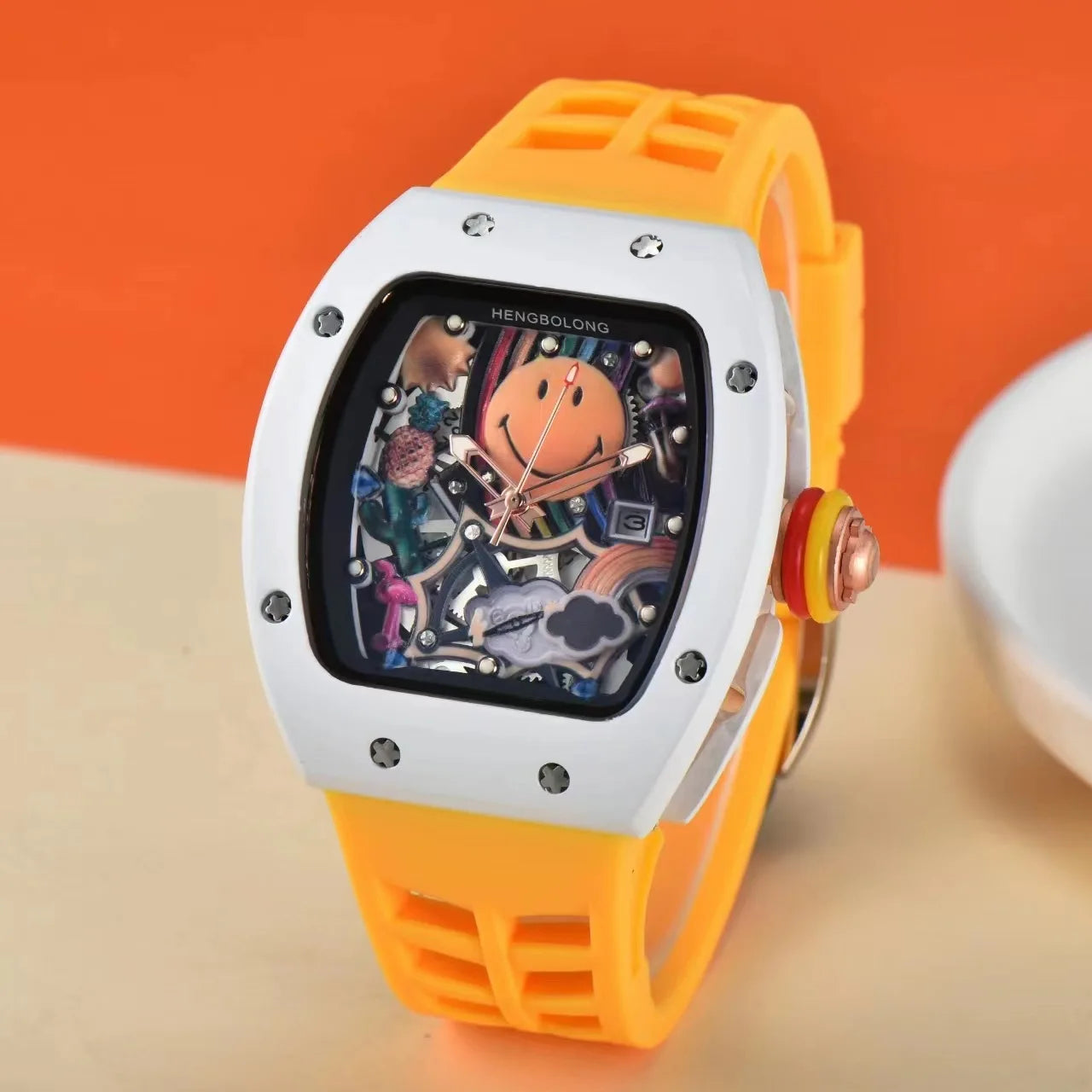 Top-grade RM High-quality Smiling Mechanical Watch Alarm Analog Rubber 10 Bar Water Resistant Hipster Gentleman Diving Sports