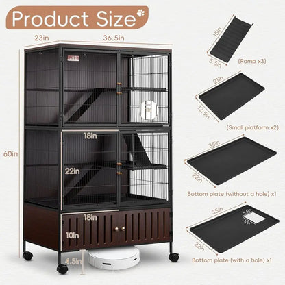 Large 60H Metal Chinchilla Cage with Removable Pan & Double Doors, Indoor Wooden Pet Crate for Small Animals