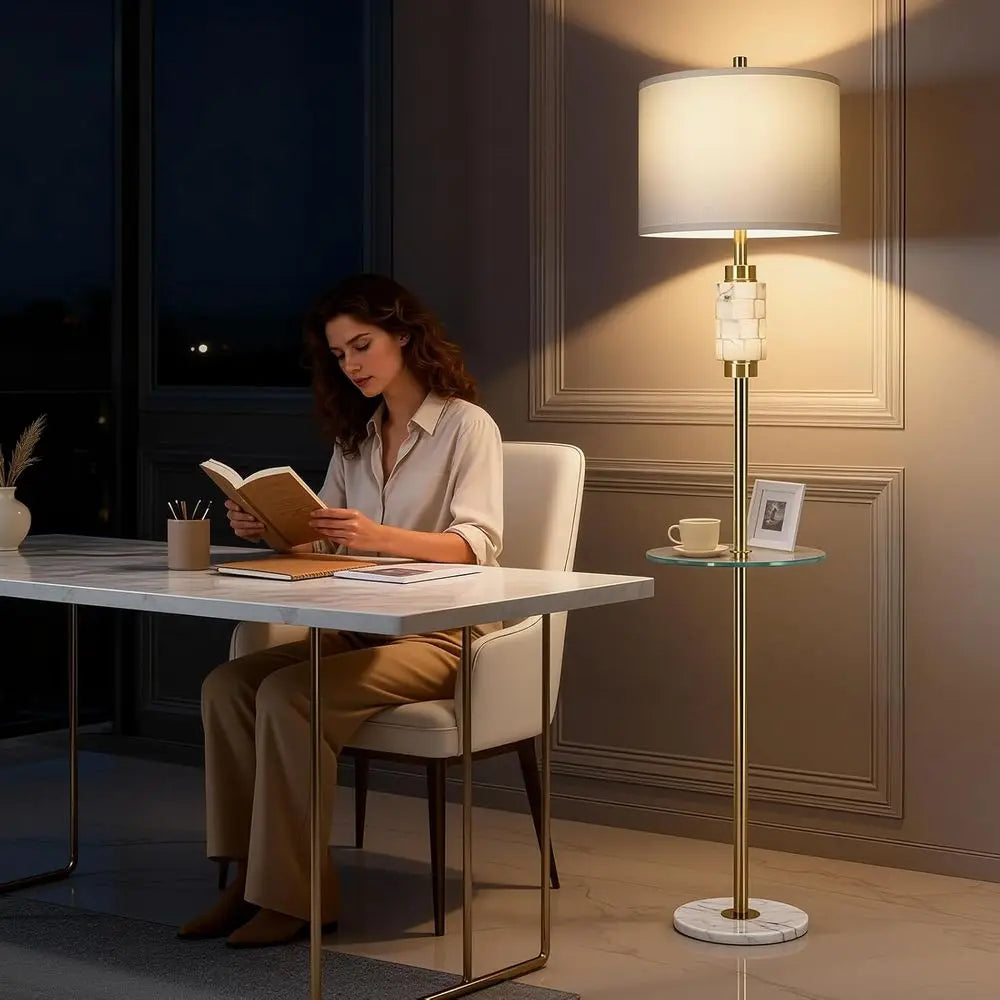 Living Room Lamp with Glass Tray and Night Light, Alabaster Bedroom Lamp, Tall Lamp with Linen Shade, Marble Base Standing Lamp