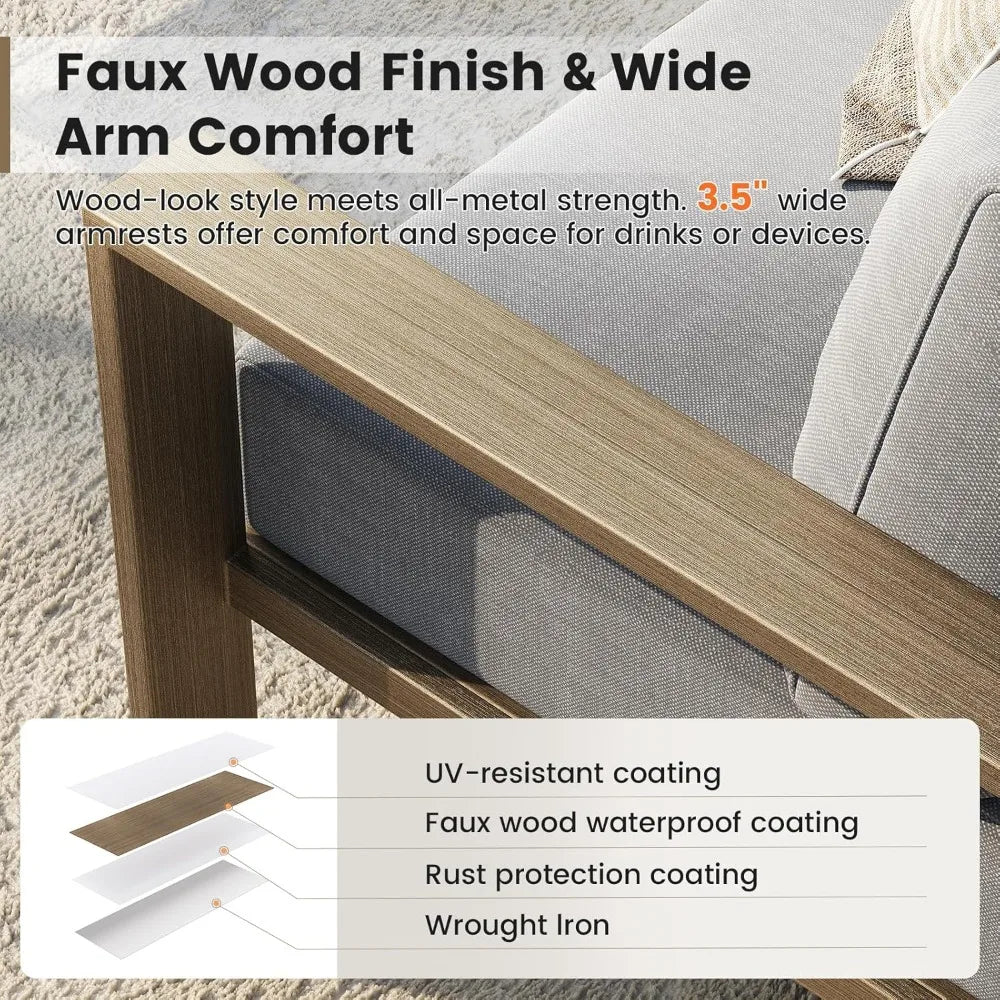 6 Piece Patio Furniture Set, Faux Wood Metal Outdoor Sectional Sofa with 6" Thick Olefin Cushions, Wide Armrest & Coffee Table