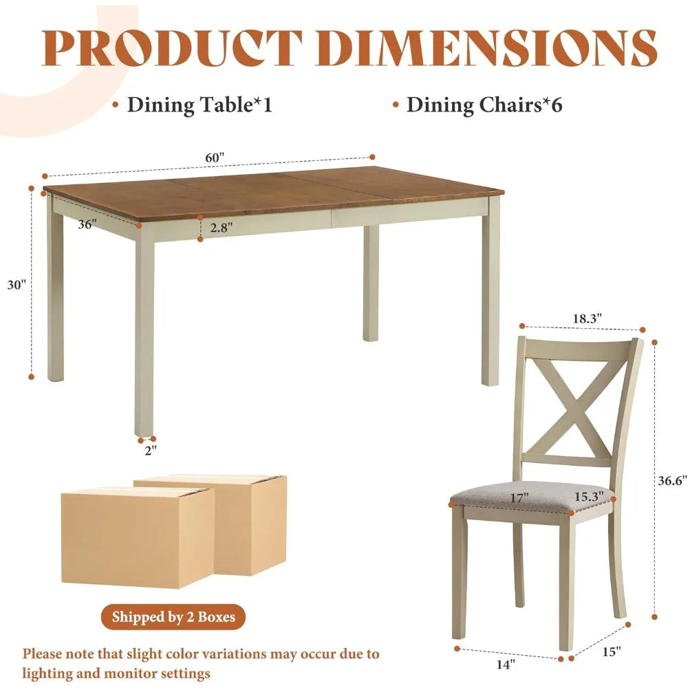7-Piece Solid Wood Farmhouse Dining Table Set with 6 Upholstered Chairs, 60 Space-Saving Dinner Table and Chairs Set