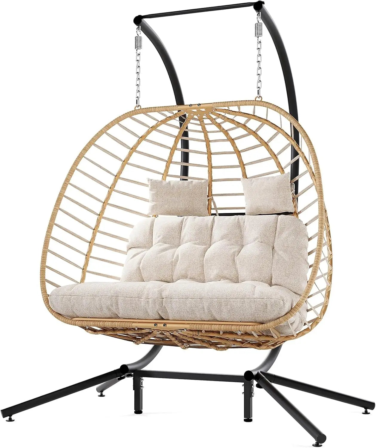 Double Egg Swing Chair with Stand, Outdoor Patio 2 Person Hanging Wicker Hammock Chairs with Cushion for Indoor Bedroom,