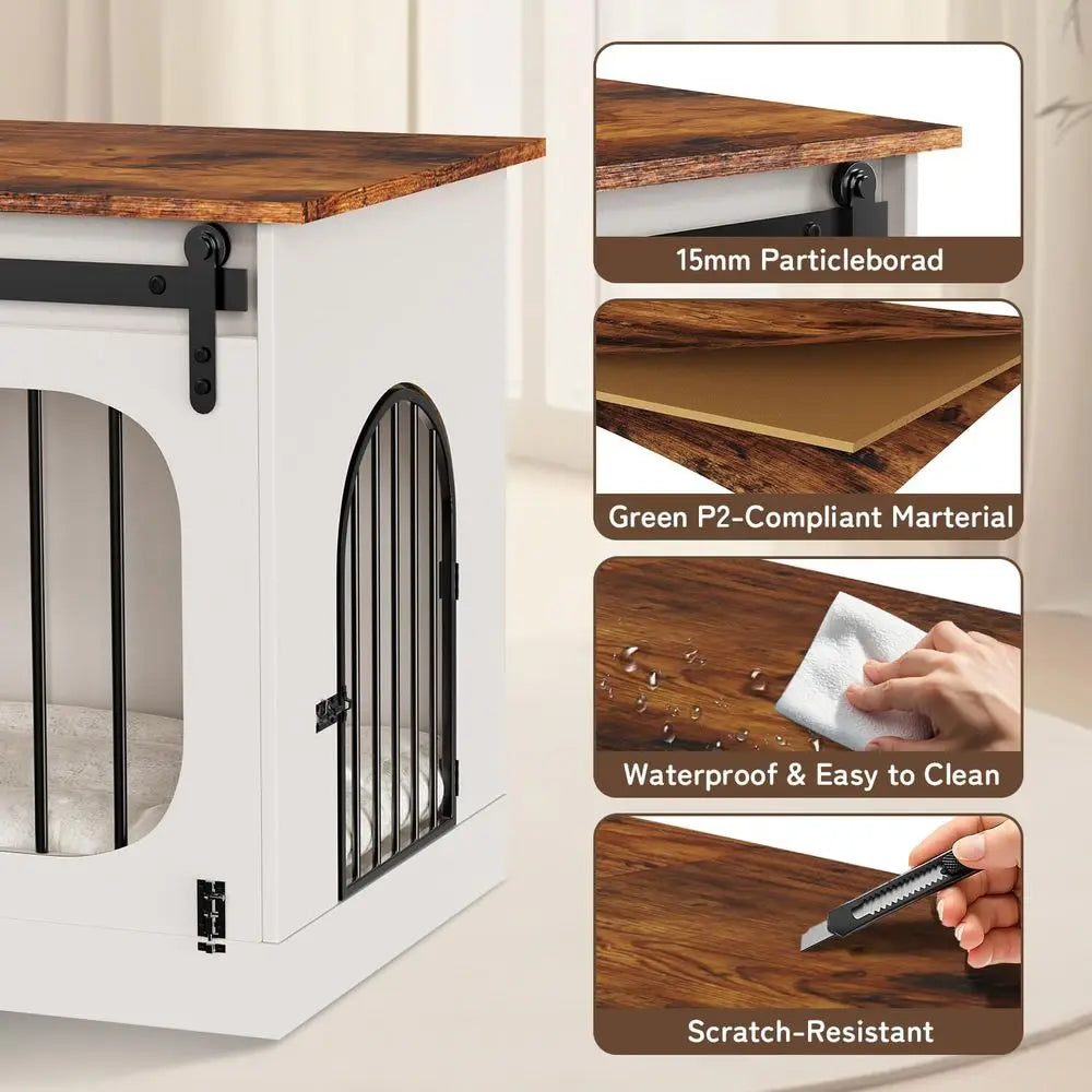XL Dog Kennel urniture,39.4 Inch armhouse Crate urniture with Cushion Decorative White Dog Kennel Indoor Thick Wooden Pet House
