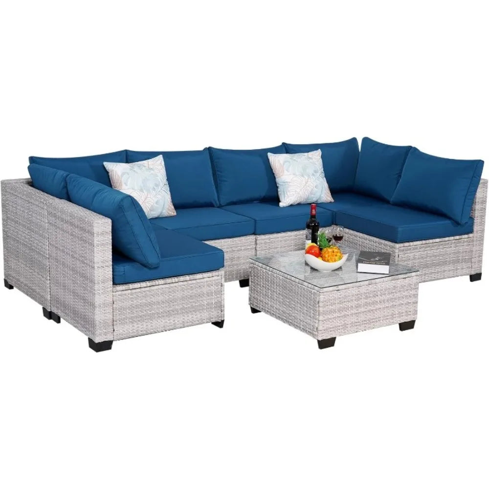 Outdoor Patio Furniture Sets,7-Piece Rattan Conversation Sectional Set,Manual Weaving Wicker Patio Sofa with Tea Table