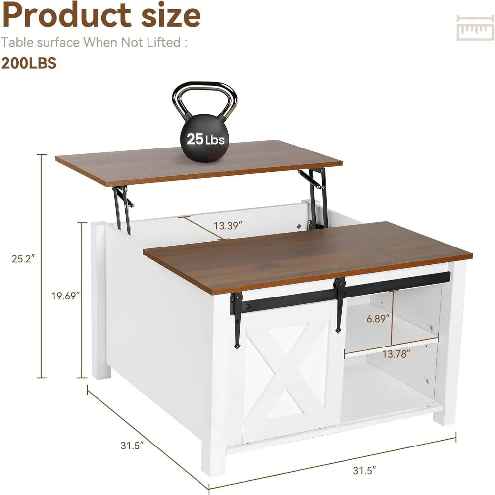 31.5" Square Coffee Table, White Lift Top Coffee Table for Living Room, Morden Farmhouse Coffee Tables with Hidden Storage for S