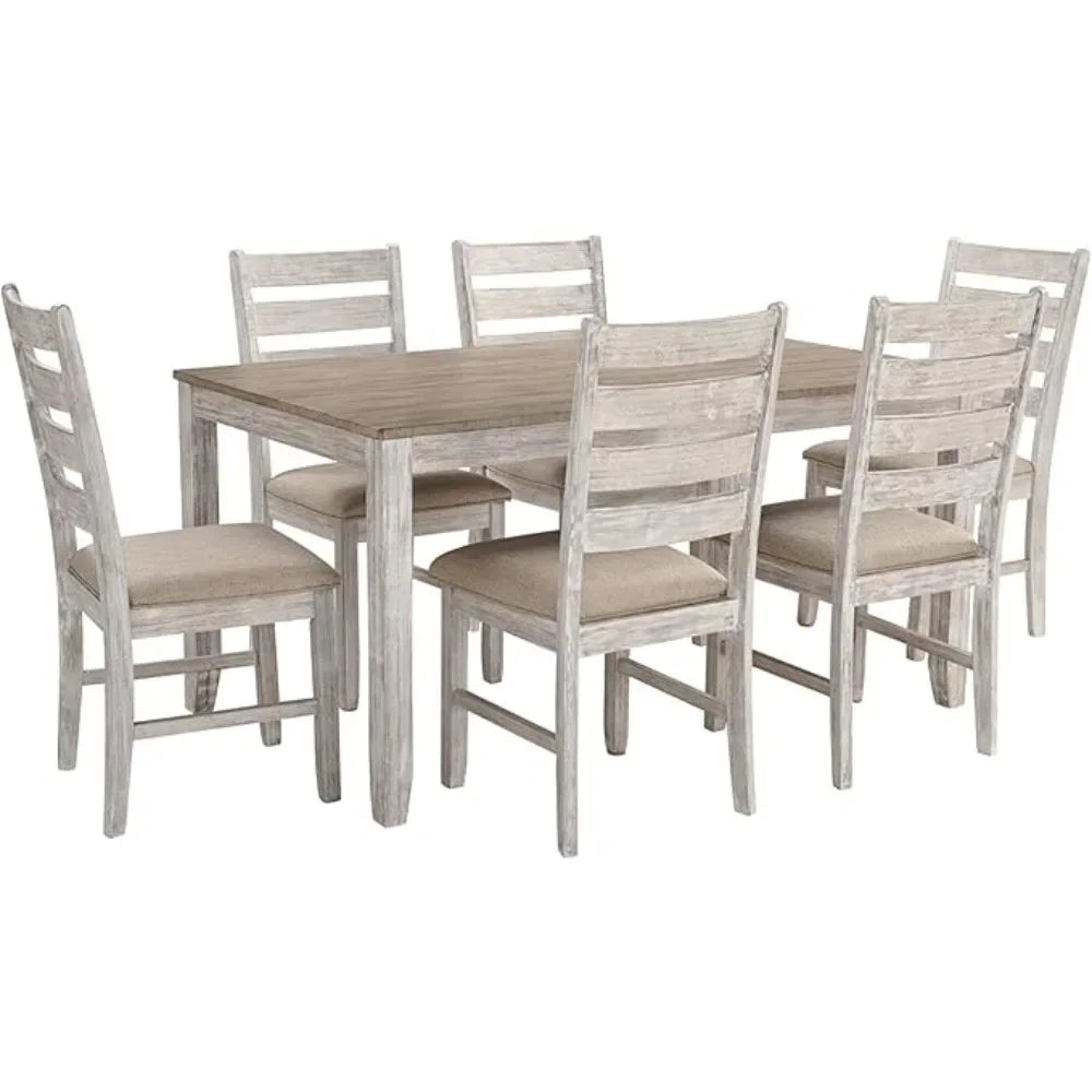 Dining Room Table Set with 6 Upholstered Chairs, Whitewash