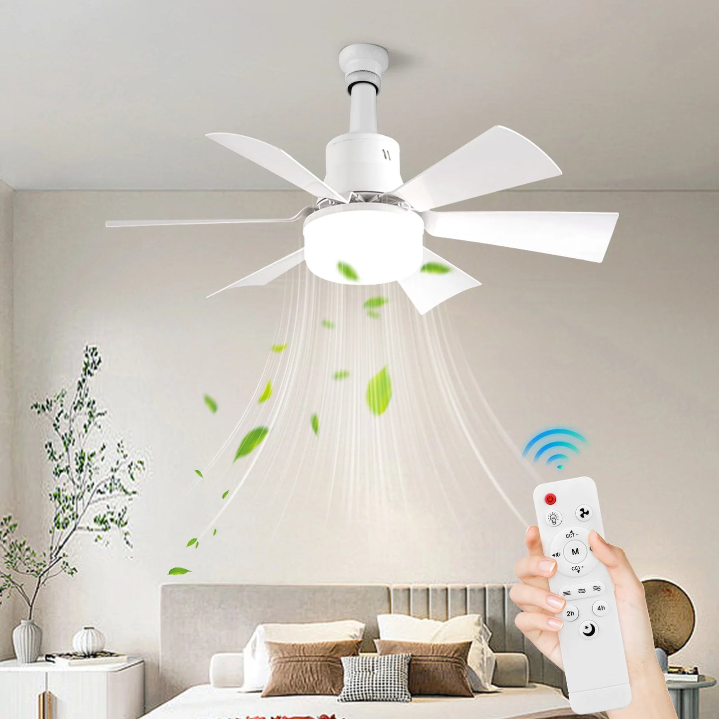 Screw in Ceiling Fan in Light Socket with Remote Ceiling Fan with Light 3 Speeds Dimmable with Extender & 6 Blades for Bedroom