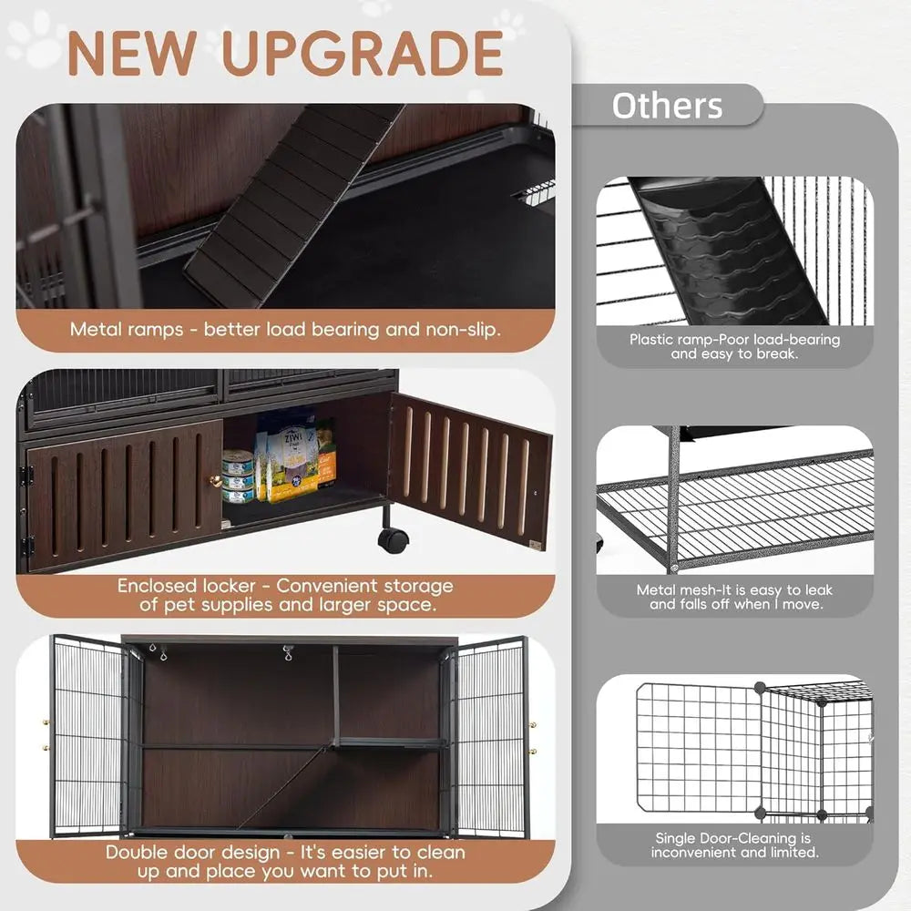 Large 60H Metal Chinchilla Cage with Removable Pan & Double Doors, Indoor Wooden Pet Crate for Small Animals