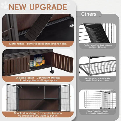 Large 60H Metal Chinchilla Cage with Removable Pan & Double Doors, Indoor Wooden Pet Crate for Small Animals
