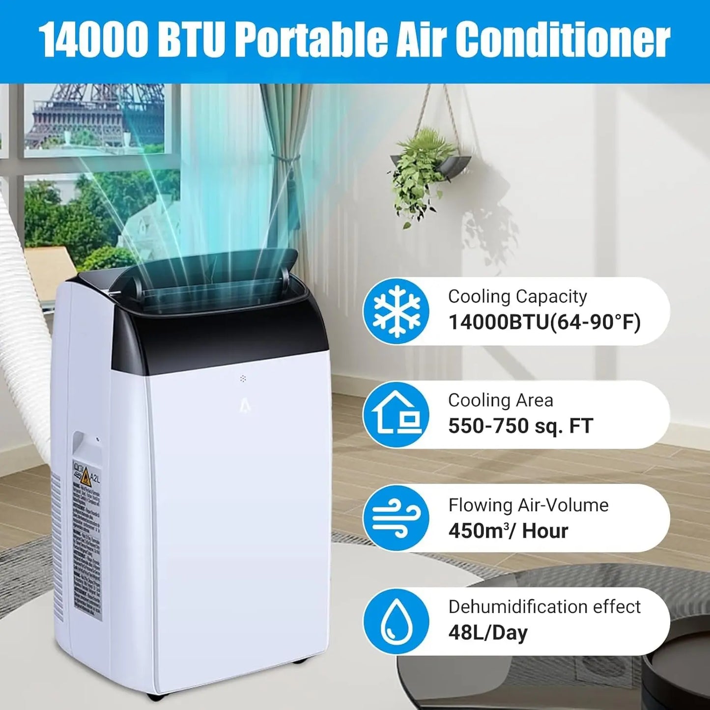 14,000 BTU Portable Air Conditioner with Dehumidifier & Fan, AC Units Cools up to 750 Sq. Ft., Remote Control, Auto Swing