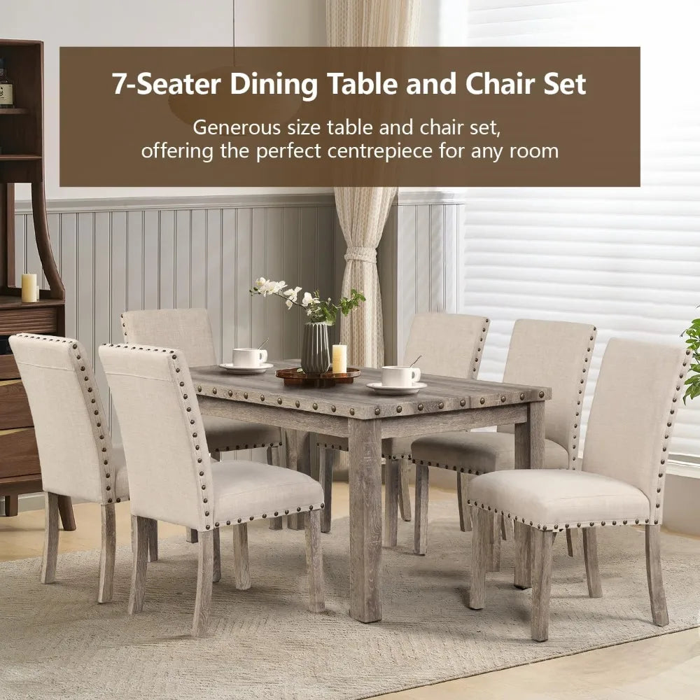 Rustic 6-Seater Dining Set | 60" Rectangular Wood Table & 6 Upholstered Chairs with Nailhead Trim