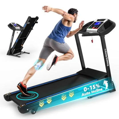 Home Fitness Solution: Quiet Brushless Folding Treadmill with Auto 15 Incline and Handle 400 Lbs Weight Capacity Integrated App