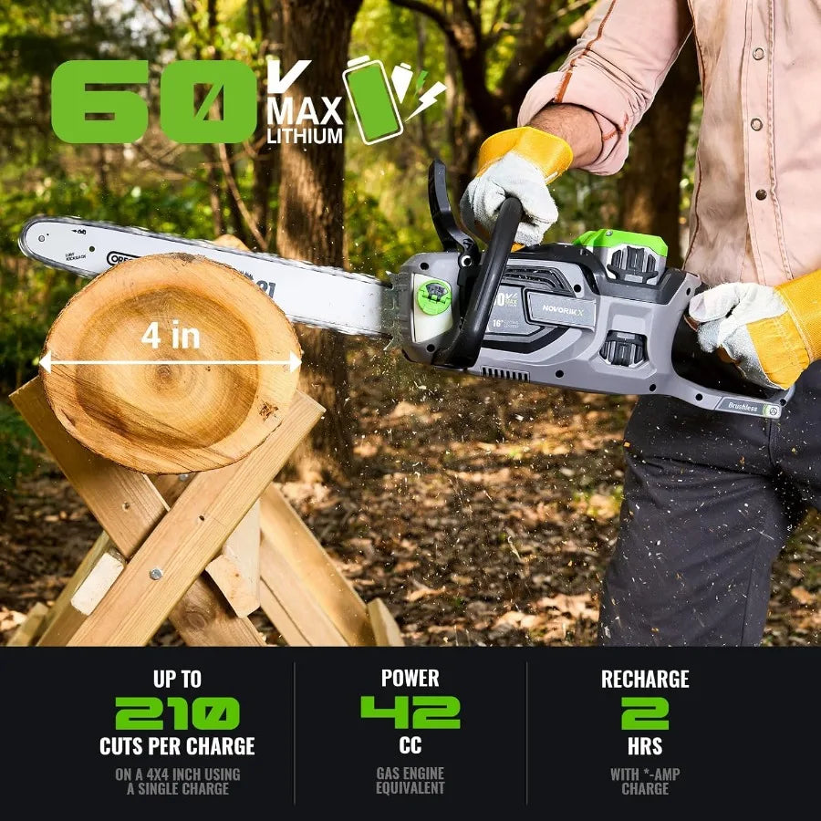 Electric Chainsaw Brushless 60V Cordless Chain Saw with 18 and 16 Bar for Tree Trimming and Wood Cutting Powered by 5.0Ah Batte
