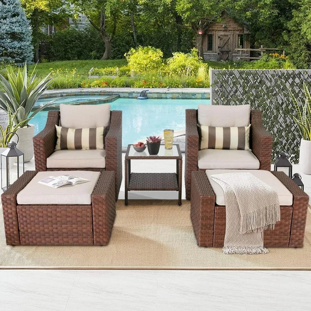 5 Piece Patio Conversation Set Outdoor Furniture Set, Brown Wicker Lounge Chair with Ottoman Footrest, W/Coffee Table & Cushion