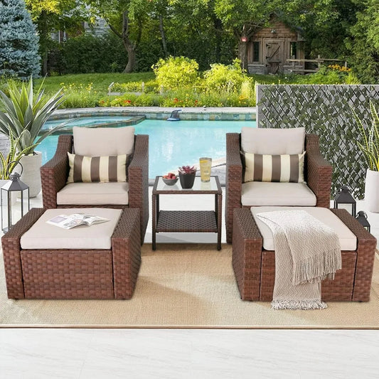 5 Piece Patio Conversation Set Outdoor Furniture Set, Brown Wicker Lounge Chair with Ottoman Footrest, W/Coffee Table & Cushion
